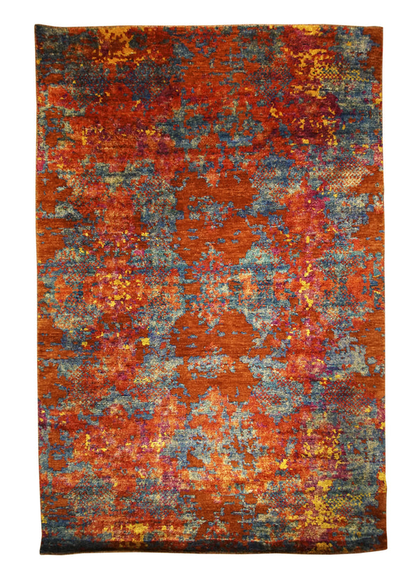 A32266 Oriental Rug Indian Handmade Area Modern 5'12'' x 9'0'' -6x9- Orange Red Blue Abstract Splatter Design