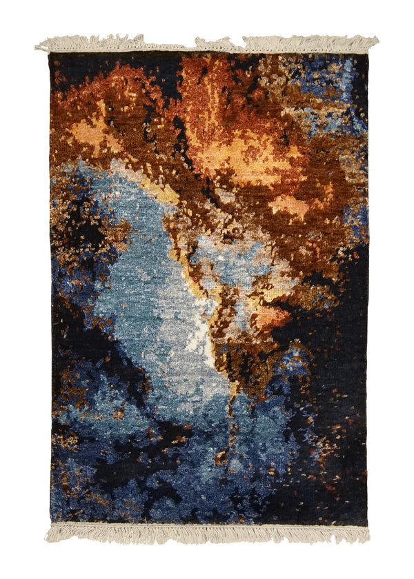 A32277 Oriental Rug Indian Handmade Area Modern 2'0'' x 3'0'' -2x3- Red Blue Yellow Gold Abstract Splatter Design