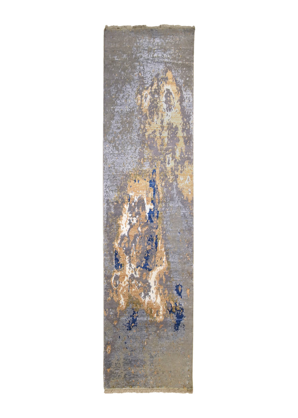 A32278 Oriental Rug Indian Handmade Runner Modern Neutral 2'6'' x 10'2'' -3x10- Whites Beige Blue Abstract Splatter Design