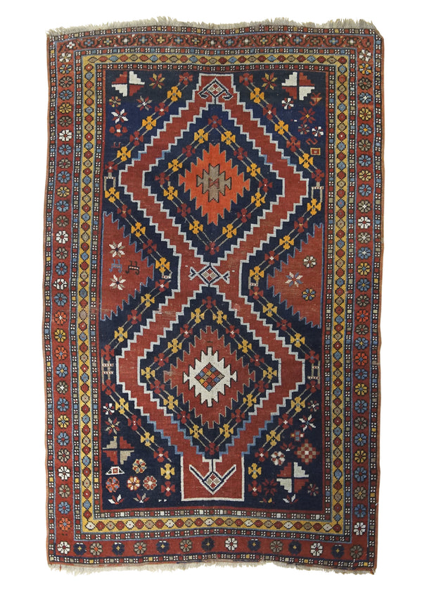 A32301 Caucasian Rug Shirvan Handmade Area Tribal Antique 3'10'' x 6'1'' -4x6- Red Blue Geometric Design