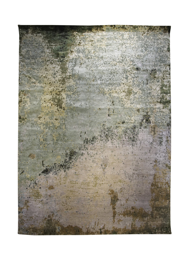 A32313 Oriental Rug Indian Handmade Area Transitional Modern 8'11'' x 12'1'' -9x12- Whites Beige Green Abstract Splatter Design