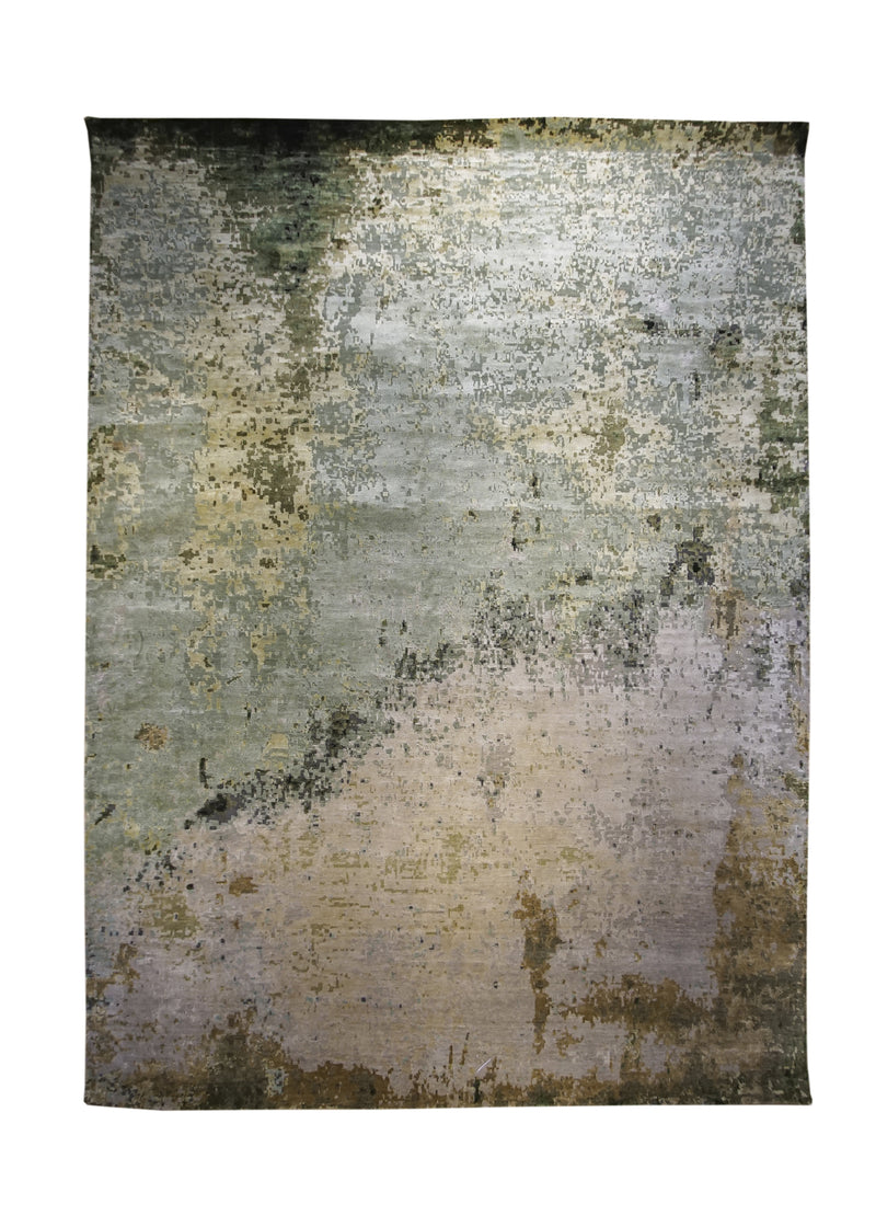 A32313 Oriental Rug Indian Handmade Area Transitional Modern 8'11'' x 12'1'' -9x12- Whites Beige Green Abstract Splatter Design