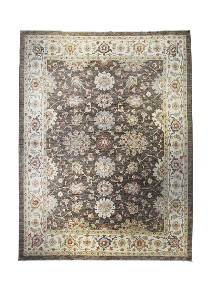 A32319 Oriental Rug Pakistani Handmade Area Transitional 8'9'' x 11'7'' -9x12- Brown Whites Beige Yellow Gold Antique Washed Oushak Floral Design