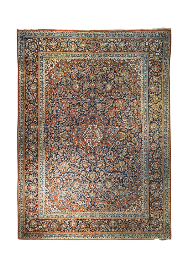 A32346 Persian Rug Kashan Handmade Area Traditional Antique 8'12'' x 12'0'' -9x12- Blue Red Toranj Mehrab Floral Design