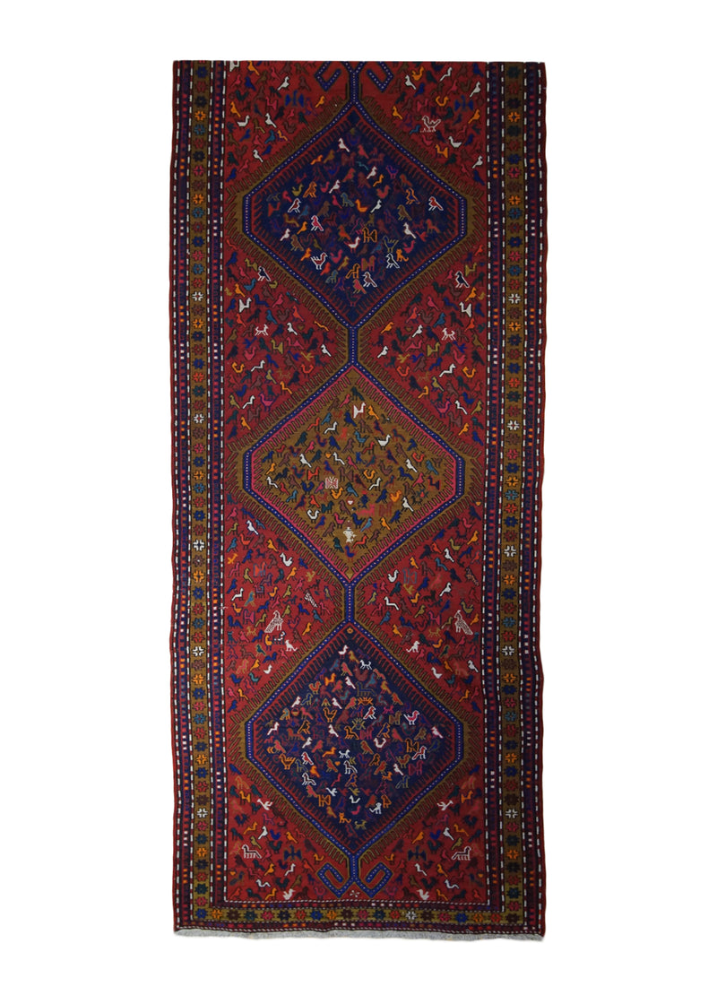 A32347 Persian Rug Azerbaijan Handmade Runner Tribal 3'9'' x 10'1'' -4x10- Red Brown Blue Kilim Geometric Animals Design