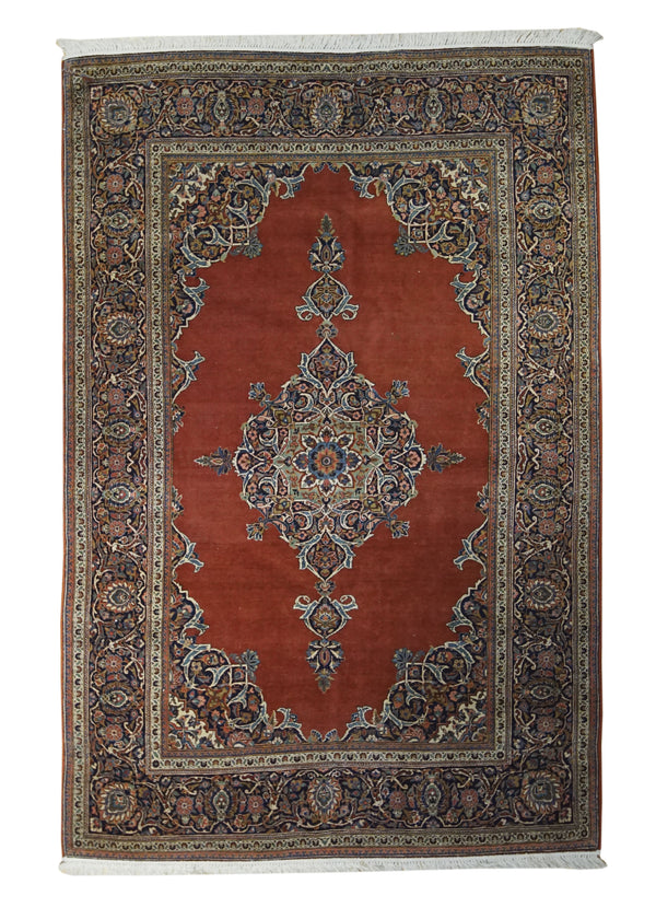 A32348 Persian Rug Kashan Handmade Area Traditional Antique 4'4'' x 6'10'' -4x7- Red Blue Toranj Mehrab Floral Open Field Design