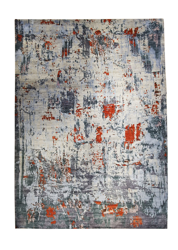 A32361 Oriental Rug Pakistani Handmade Area Modern 9'12'' x 13'8'' -10x14- Gray Blue Red Abstract Splatter Design