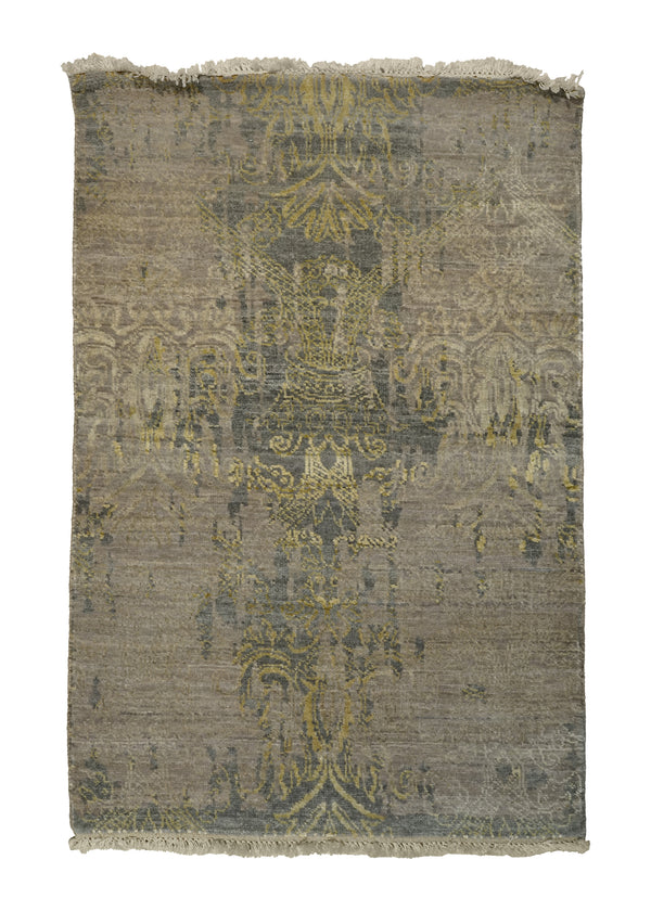 A32401 Oriental Rug Indian Handmade Area Modern Neutral 2'0'' x 3'0'' -2x3- Gray Yellow Gold Abstract Erased Design
