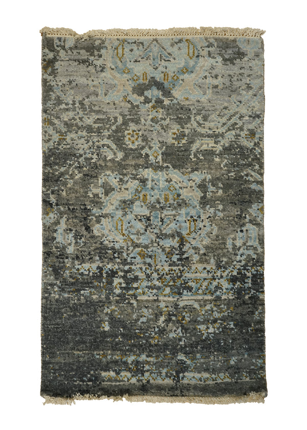 A32417 Oriental Rug Indian Handmade Area Modern Neutral 1'11'' x 3'1'' -2x3- Gray Blue Abstract Erased Design