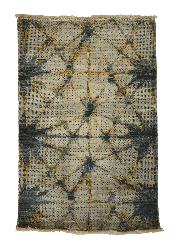 A32424 Oriental Rug Indian Handmade Area Modern 2'0'' x 3'0'' -2x3- Blue Yellow Gold Abstract Crackle Design