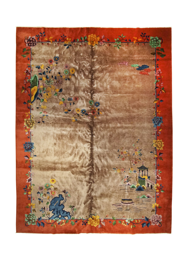 A32455 Oriental Rug Chinese Handmade Area Traditional Antique 8'5'' x 11'6'' -8x12- Whites Beige Orange Art Deco Floral Design