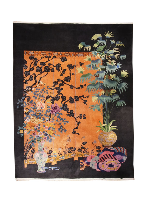 A32456 Oriental Rug Chinese Handmade Area Traditional Antique 8'8'' x 11'10'' -9x12- Orange Black Green Art Deco Floral Design