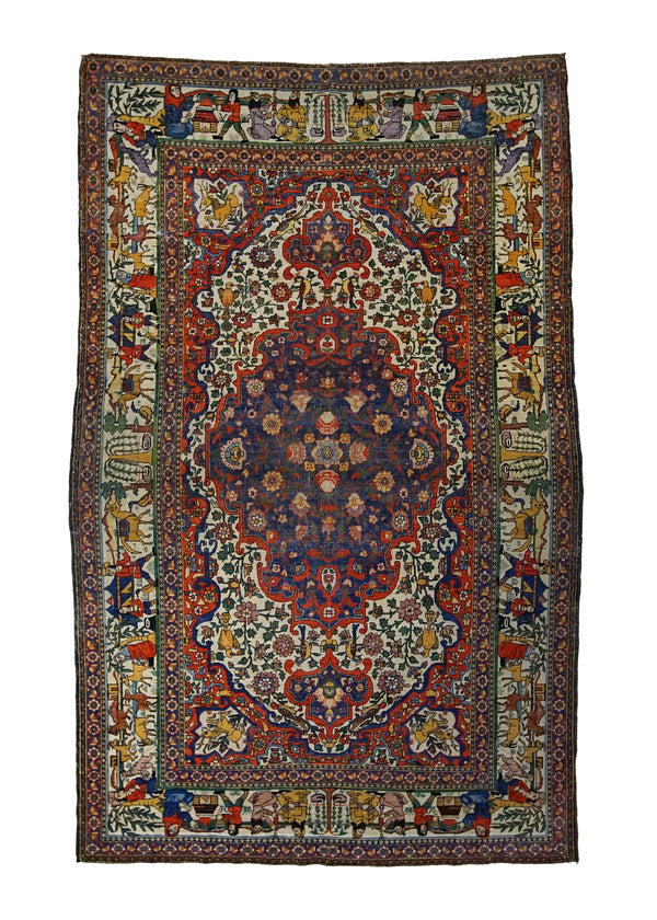 A32516 Persian Rug Tehran Handmade Area Antique Traditional 4'6'' x 7'5'' -5x7- Red Whites Beige Yellow Gold Pictorial Animals Floral Design