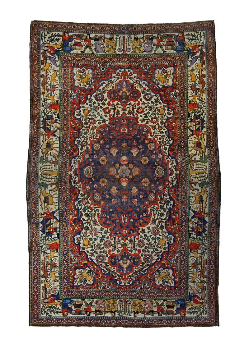 A32516 Persian Rug Tehran Handmade Area Antique Traditional 4'6'' x 7'5'' -5x7- Red Whites Beige Yellow Gold Pictorial Animals Floral Design