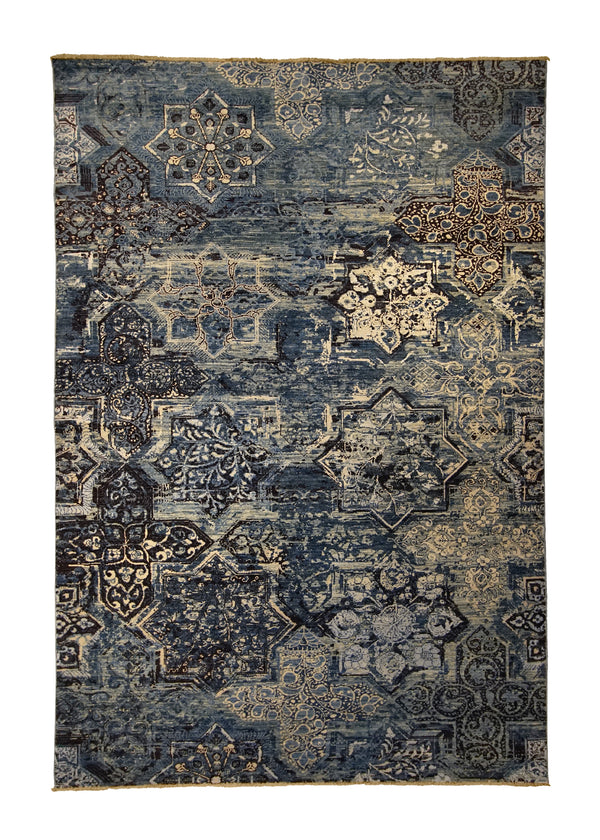 A32540 Oriental Rug Pakistani Handmade Area Transitional Neutral 6'1'' x 8'11'' -6x9- Blue Whites Beige Abstract Erased Design