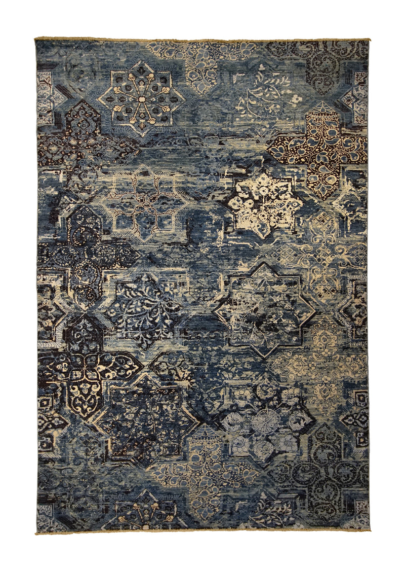 A32540 Oriental Rug Pakistani Handmade Area Transitional Neutral 6'1'' x 8'11'' -6x9- Blue Whites Beige Abstract Erased Design