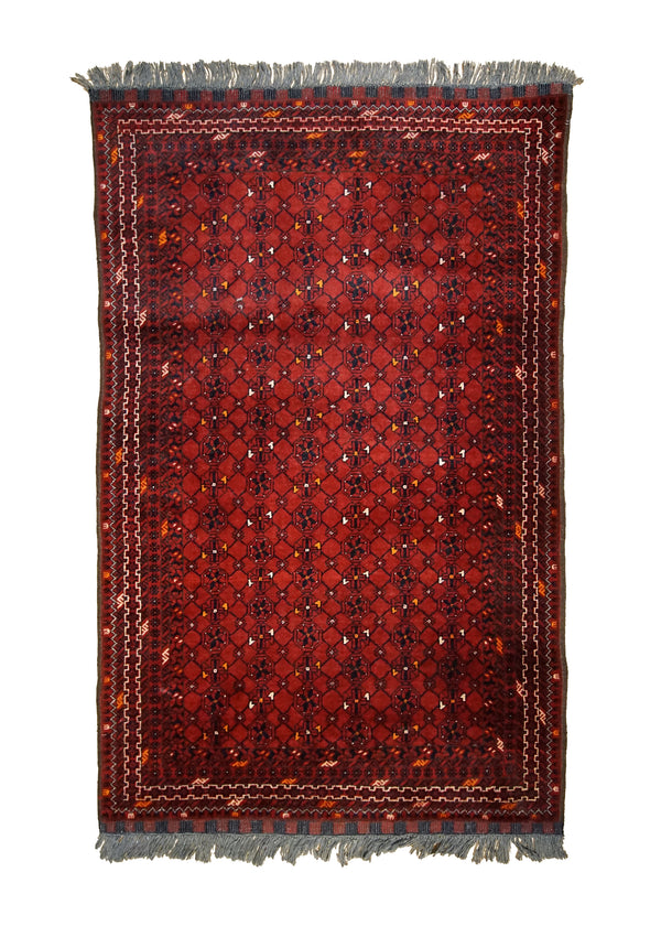 A32607 Oriental Rug Afghan Handmade Area Tribal 3'2'' x 4'11'' -3x5- Red Khal Mohammadi Geometric Design
