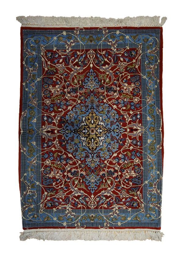 A32647 Persian Rug Isfahan Handmade Area Traditional 2'4'' x 3'4'' -2x3- Red Blue Floral Design