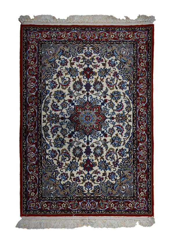 A32649 Persian Rug Isfahan Handmade Area Traditional 2'4'' x 3'5'' -2x3- Whites Beige Red Blue Floral Design
