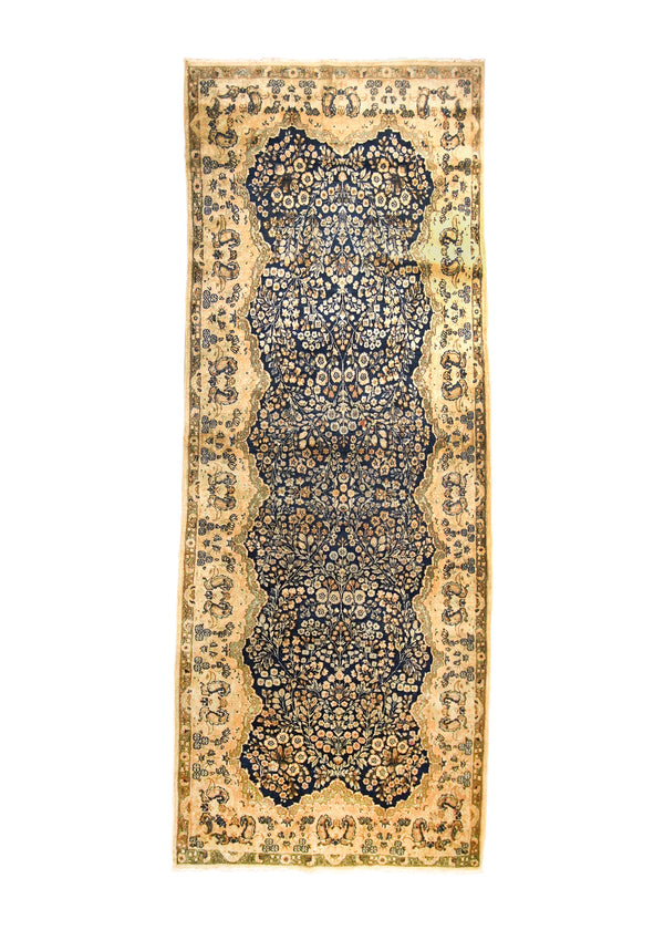A32671 Persian Rug Kerman Handmade Area Antique Traditional 3'9'' x 10'4'' -4x10- Whites Beige Blue Floral Design