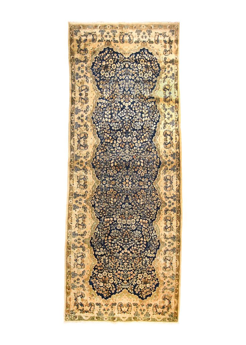 A32671 Persian Rug Kerman Handmade Area Antique Traditional 3'9'' x 10'4'' -4x10- Whites Beige Blue Floral Design