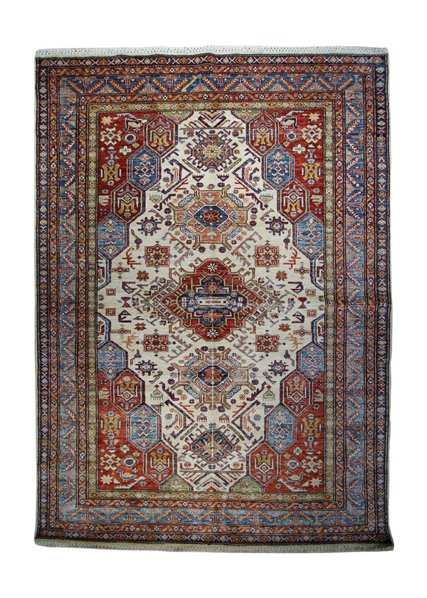 A32729 Oriental Rug Pakistani Handmade Area Transitional Tribal 5'6'' x 7'8'' -6x8- Whites Beige Blue Red Kazak Geometric Design