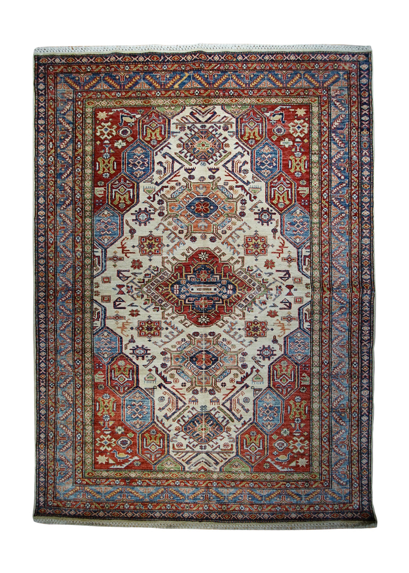 A32729 Oriental Rug Pakistani Handmade Area Transitional Tribal 5'6'' x 7'8'' -6x8- Whites Beige Blue Red Kazak Geometric Design