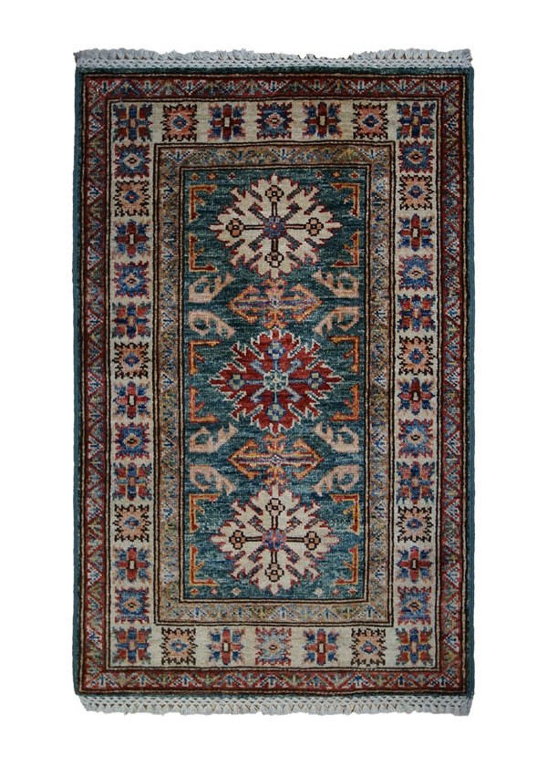 A32733 Oriental Rug Pakistani Handmade Area Transitional Tribal 2'1'' x 3'2'' -2x3- Green Kazak Geometric Design