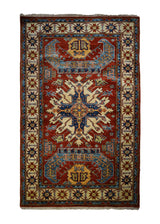 A32734 Oriental Rug Pakistani Handmade Area Transitional Tribal 3'3'' x 5'1'' -3x5- Red Whites Beige Blue Kazak Geometric Design