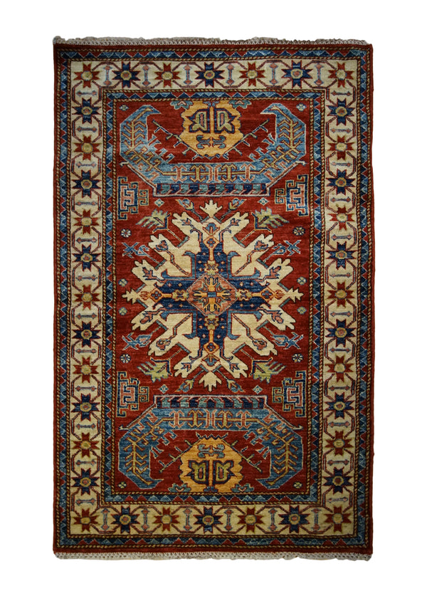 A32734 Oriental Rug Pakistani Handmade Area Transitional Tribal 3'3'' x 5'1'' -3x5- Red Whites Beige Blue Kazak Geometric Design