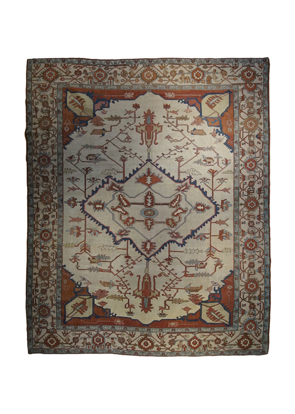 A32770 Persian Rug Serapi Handmade Area Tribal Antique 9'8'' x 11'6'' -10x12- Whites Beige Red Geometric Design
