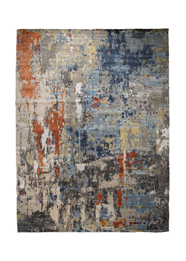 A32783 Oriental Rug Indian Handmade Area Modern 8'1'' x 10'6'' -8x11- Blue Red Abstract Splatter Design