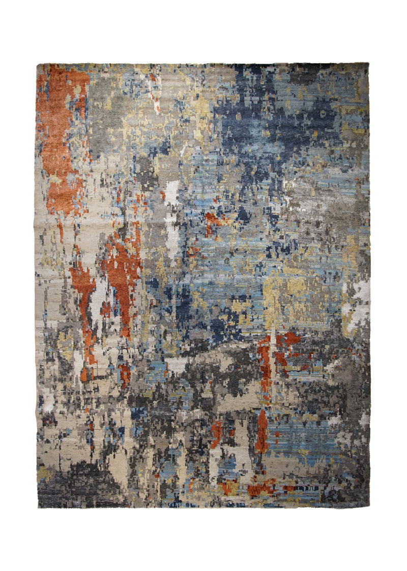 A32783 Oriental Rug Indian Handmade Area Modern 8'1'' x 10'6'' -8x11- Blue Red Abstract Splatter Design
