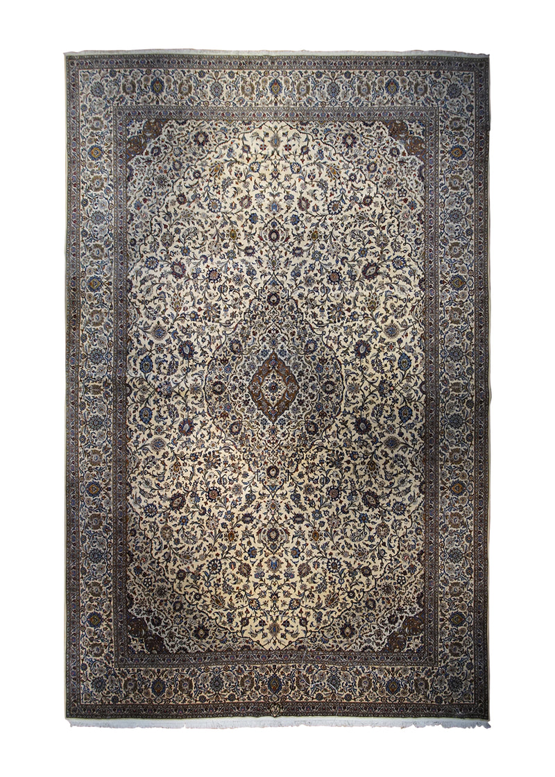 A32793 Persian Rug Kashan Handmade Area Traditional 12'11'' x 19'3'' -13x19- Whites Beige Blue Toranj Mehrab Floral Design