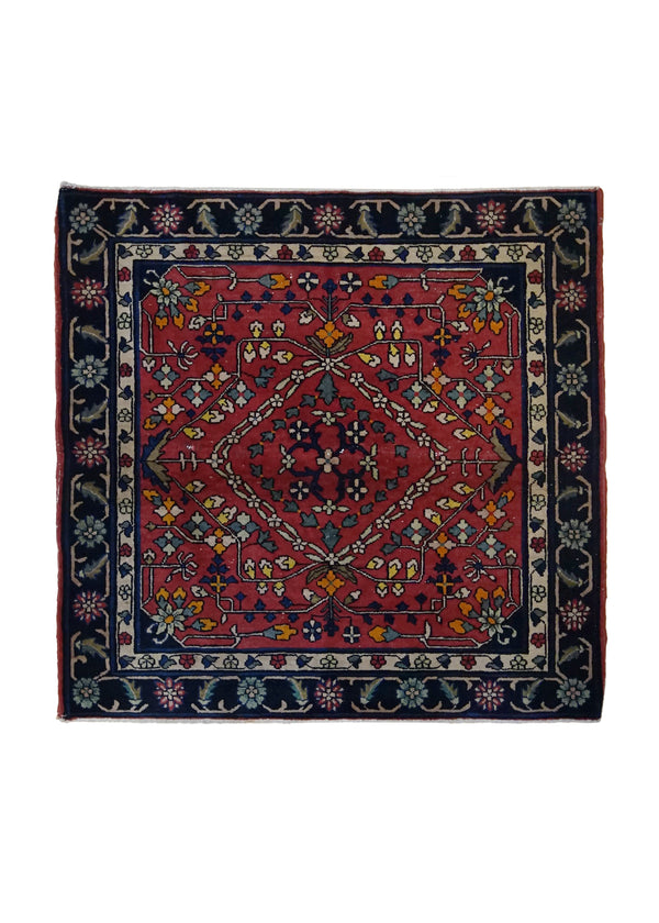 A32807 Oriental Rug Indian Handmade Square Antique Tribal 3'10'' x 3'11'' -4x4- Red Floral Design