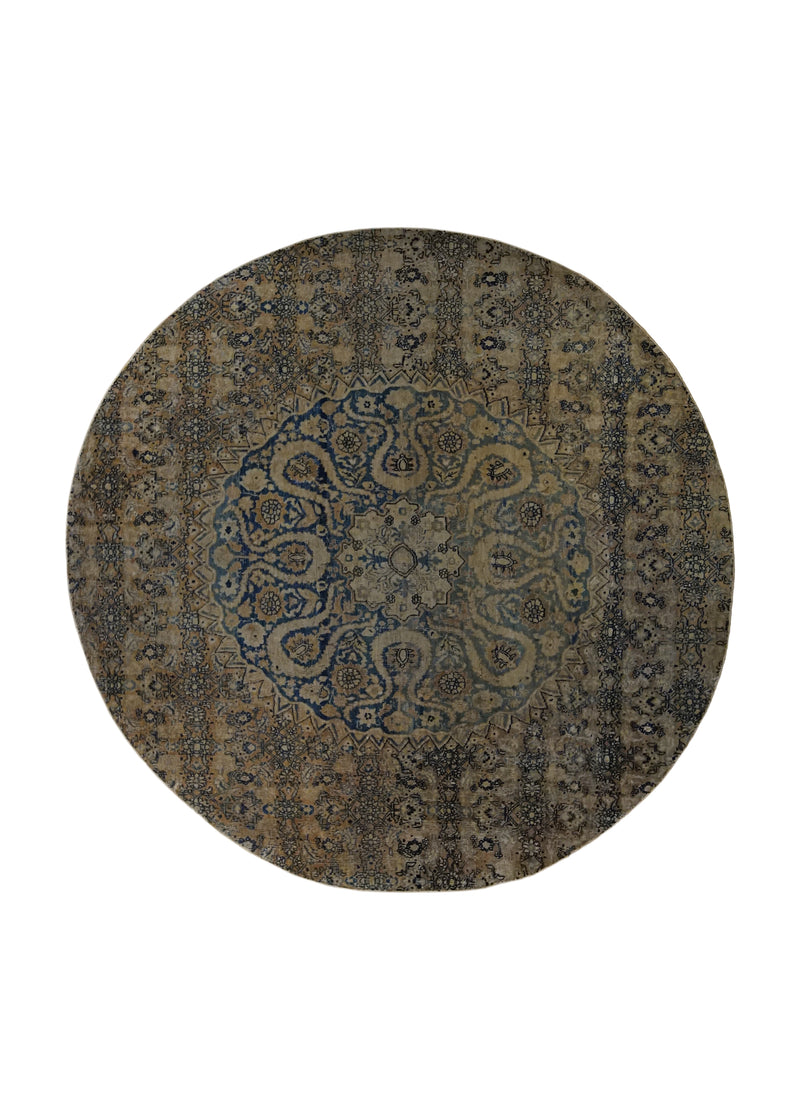 A32808 Persian Rug Tabriz Handmade Round Antique Neutral 3'10'' x 3'10'' -4x4- Whites Beige Blue Floral Design