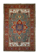 A32826 Oriental Rug Pakistani Handmade Area Transitional Tribal 4'3'' x 6'1'' -4x6- Green Red Heriz Geometric Design