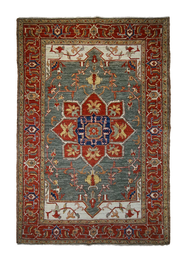 A32826 Oriental Rug Pakistani Handmade Area Transitional Tribal 4'3'' x 6'1'' -4x6- Green Red Heriz Geometric Design