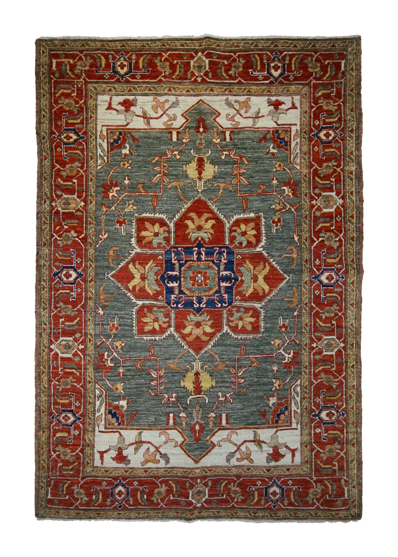 A32826 Oriental Rug Pakistani Handmade Area Transitional Tribal 4'3'' x 6'1'' -4x6- Green Red Heriz Geometric Design