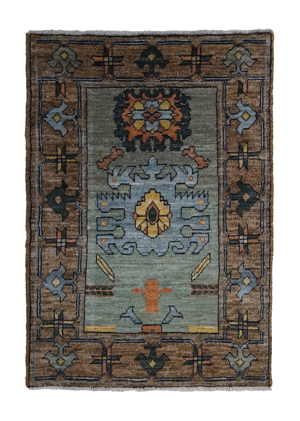 A32851 Oriental Rug Pakistani Handmade Area Transitional Tribal 2'4'' x 3'4'' -2x3- Green Brown Serapi Geometric Design