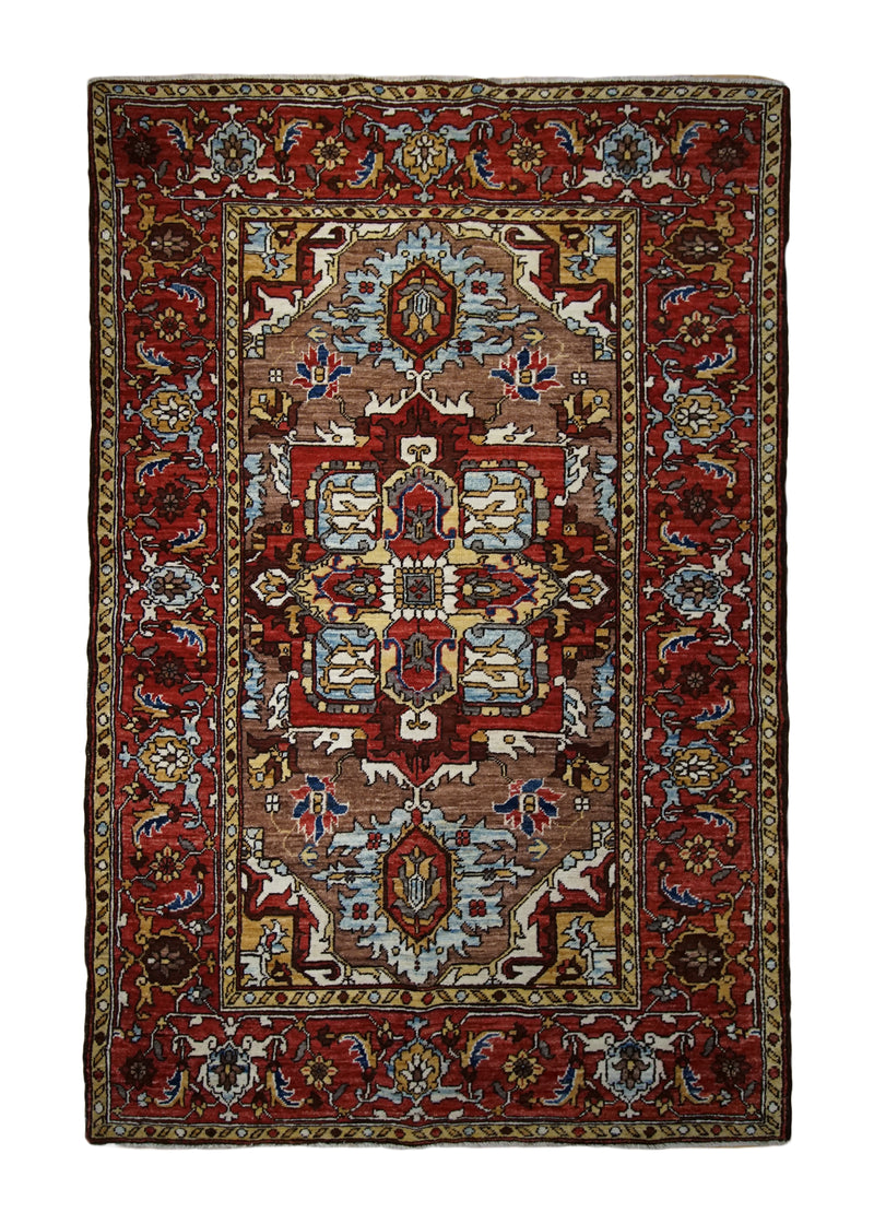 A32873 Oriental Rug Pakistani Handmade Area Transitional Tribal 4'2'' x 6'1'' -4x6- Red Heriz Geometric Design