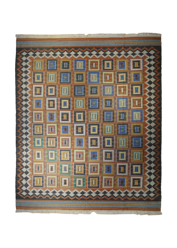 A32889 Oriental Rug Indian Handmade Area Transitional 8'5'' x 9'11'' -8x10- Orange Multi-color Dhurrie Geometric Design