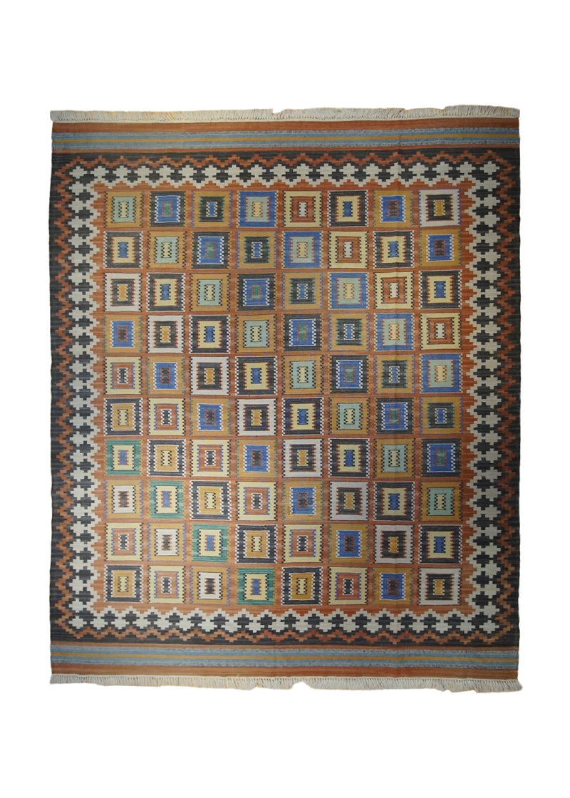 A32889 Oriental Rug Indian Handmade Area Transitional 8'5'' x 9'11'' -8x10- Orange Multi-color Dhurrie Geometric Design
