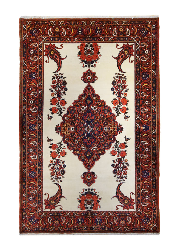 A32892 Persian Rug Bakhtiari Handmade Area Tribal 7'1'' x 10'5'' -7x10- Whites Beige Red Open Field Design