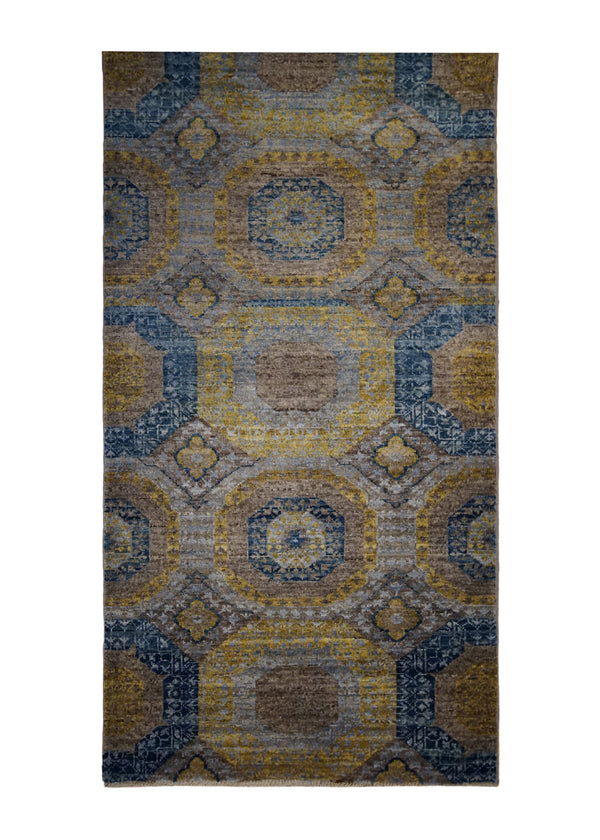 A32906 Oriental Rug Pakistani Handmade Runner Transitional 2'9'' x 9'9'' -3x10- Gray Blue Yellow Gold Ariana Mamluk Geometric Design