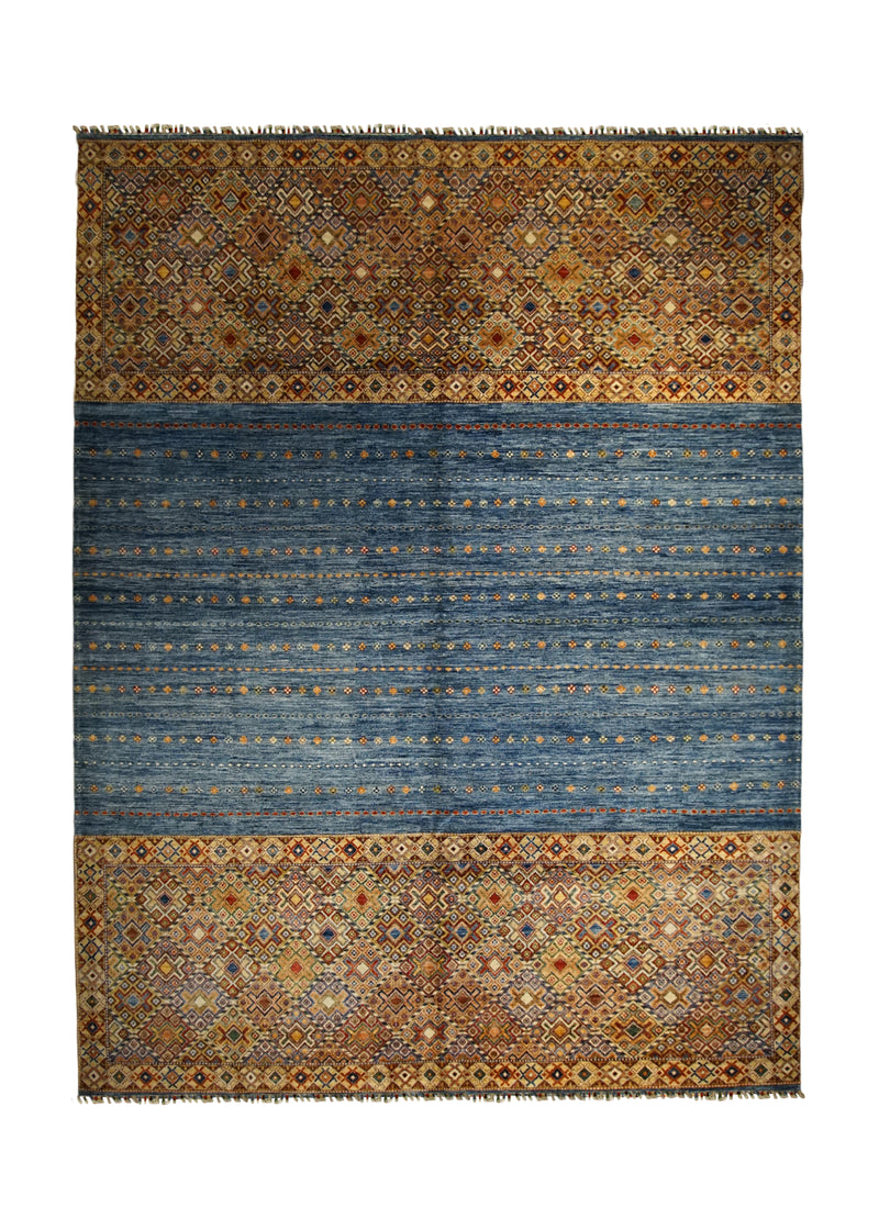 A32923 Oriental Rug Pakistani Handmade Area Transitional 8'10'' x 11'7'' -9x12- Blue Yellow Gold Multi-color Khorjin Geometric Design