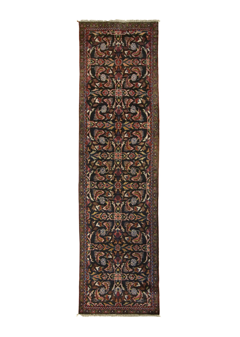 A32938 Persian Rug Hamadan Handmade Runner Antique Tribal 3'4'' x 10'4'' -3x10- Blue Red Geometric Design