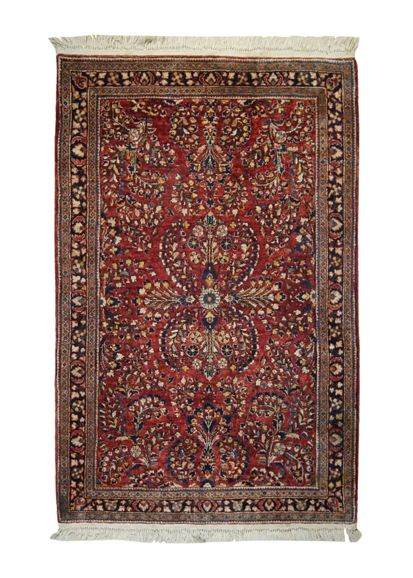 A32943 Persian Rug Sarouk Handmade Area Traditional Antique 3'2'' x 4'10'' -3x5- Red Floral Design