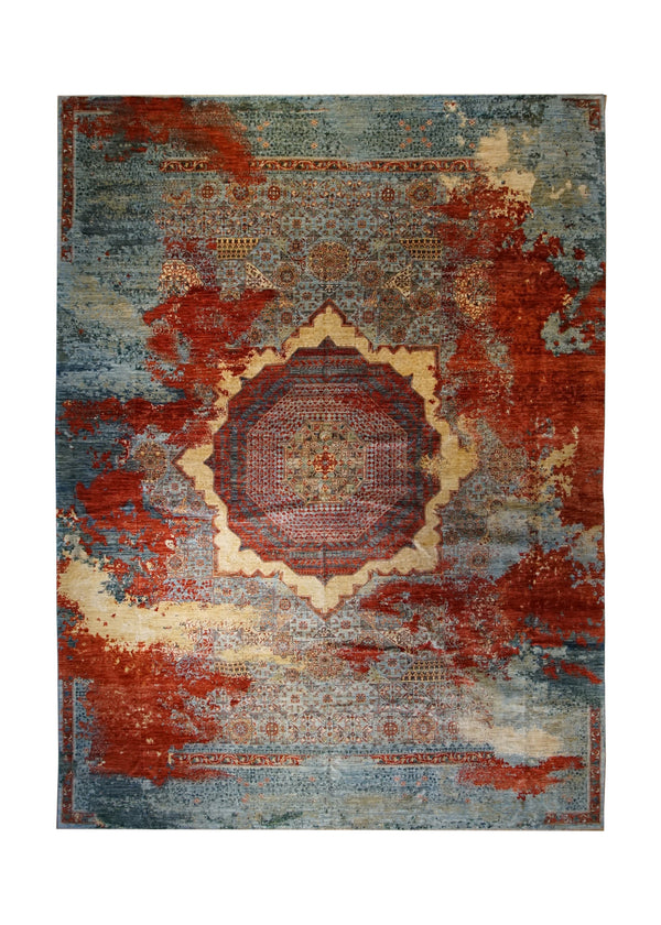 A32946 Oriental Rug Pakistani Handmade Area Transitional 9'2'' x 13'4'' -9x13- Blue Red Mamluk Nooristan Erased Abstract Design