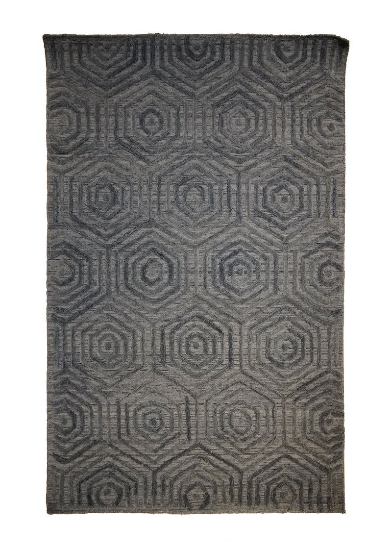A32953 Oriental Rug Indian Handmade Area Modern Neutral 3'6'' x 5'4'' -4x5- Blue Geometric High Low Pile Design